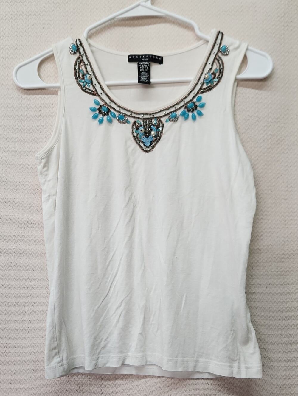 Apostrophe Cream Tank Top with Turquoise and Silver Embellishment